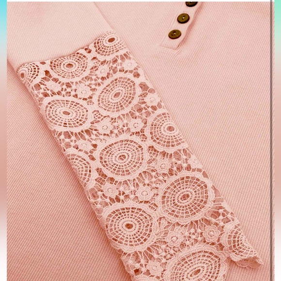 Pink ribbed lace accent detail Henley long sleeve top~ - Picture 4 of 5